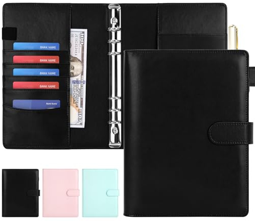 Ringbuch A5, Ringbuch A5 Nachfüllbar, Innenpapier Nicht Enthalten, Schwarz | 6 Loch, Budget Binder mit Magnetischer Schnalle für A5-Füllpapier und Bargeld, Budget-Umschläge, Büros Zuhause Schule