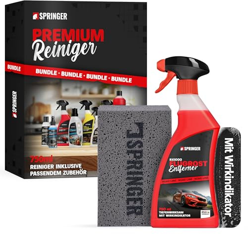SPRINGER RX1000 Flugrostentferner 750 ml + Schwamm | Made in Germany | schonend & tiefenwirksam | Rostentferner für Flugrost, Korrosionsspuren & Industriestaub