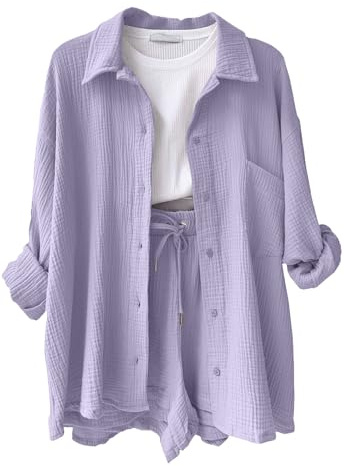 CheChury Femme Ensemble Chic et Elegant Chemise Manches Longues et Shorts 2 Pièces Survêtement Femme Tenues élégante Décontracté Ensemble été 2 pièces Loungewear,Violet,L