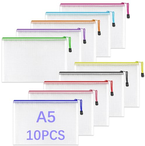 GESDYO 10 Pcs Dokumententasche A5 Zipper,bunte wasserdichte Dokumententasche mit Reißverschluss,Geeignet für Schulen, Büros, Häuser, Reisen, Kosmetik, Werkzeuge, Schreibwarenzubehör