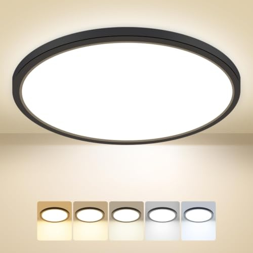 Peasur Deckenlampe LED Deckenleuchte Flach,5Farben-3000/3500/4000/5000/6500K,Wasserfest Badezimmer Lampe Decke,24W Modern Rund Lampe für bad flur schlafzimmer keller Wohnzimmer,300 * 16mm,Schwarz