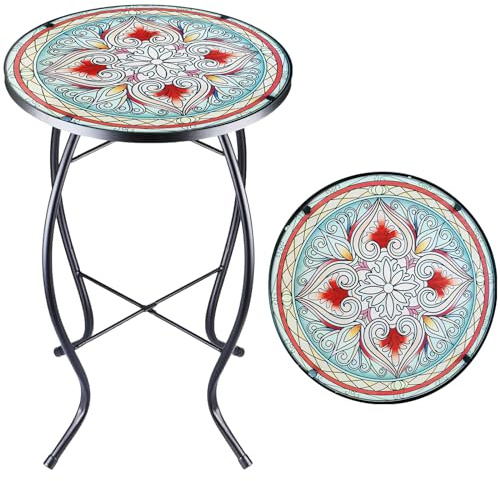 Beistelltisch, Runder Beistelltische Glas, Rund Balkontisch, Kleine Gartentisch, Kleiner Kaffeetisch Metall, Couchtish für Balkon, Garten, Terrasse, Draussen, Wohnzimmer (Herzform Muster)