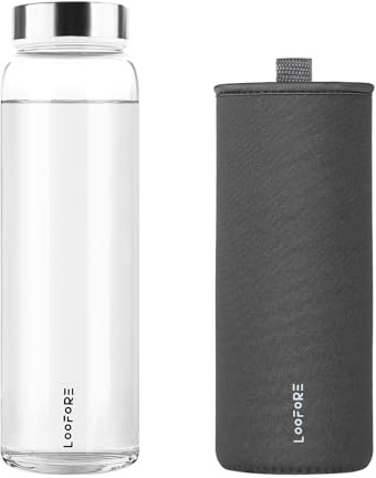 LOOFORE Glass Water Bottle 1L 1000ml, BPA-Free Leak Proof, 1 Litre Large Borosilicate Wide Mouth Glass Drinking Bottles with Protective Sleeves for Sports and Gym with Hot Cold Drinks