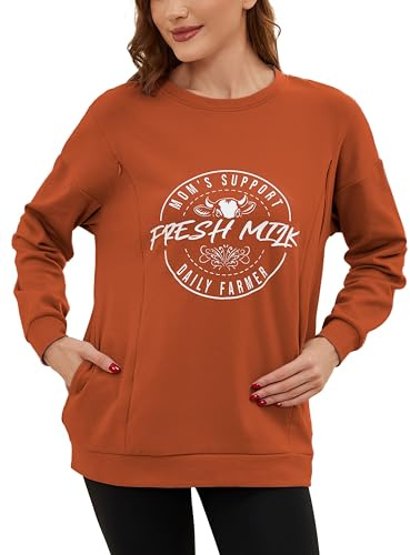 Love2Mi T-shirt d'allaitement à manches longues pour femme - Décontracté - Fermeture éclair invisible - Sweatshirt pour l'allaitement - Mode de maternité - Avec poche, bronze, XL
