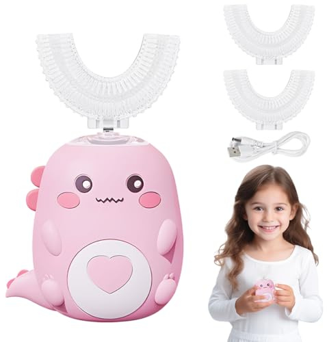 Spazzolino Elettrico Per Bambini A 360º, On 2 Testine In Silicone A Forma Di U, Luce Effetto Dinosauro, Per Bambini E Bambine Dai 2 Ai 8 Anni (Rosa)