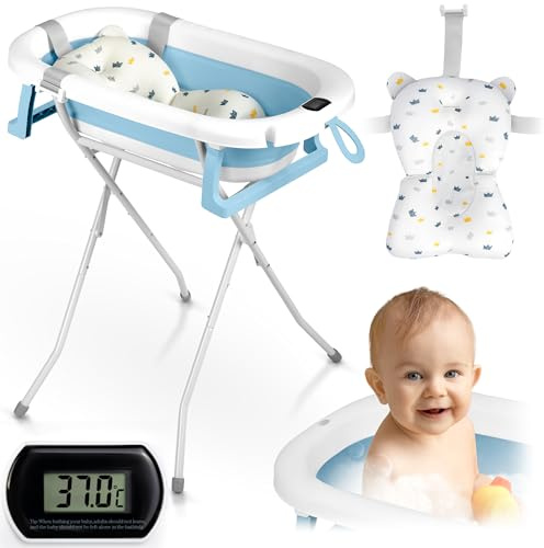 Ricokids Baby Badewanne Babywanne mit Gestell Thermometer und Badekissen - Faltbar Leicht Rutschfest - Weiß Blau