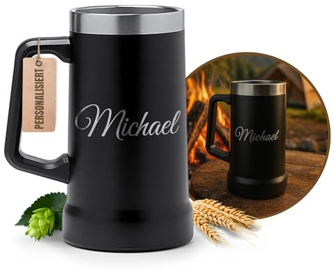 Kumpani Personalisierbarer Bierkrug aus Edelstahl – Schwarzer Thermobecher mit Henkel, doppelwandig isoliert, gravierbar – Geschenk für Männer & Frauen, 700ml (Obsidian Black)