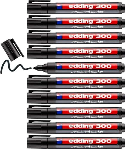 edding 300 Permanentmarker - schwarz - 10 Stifte - Rundspitze 1,5-3 mm - wasserfest, schnell-trocknend - wischfest - für Karton, Kunststoff, Glas, Holz, Metall, Glas