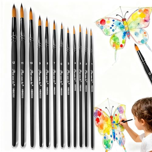 Set da 12 Pennelli a Punta Tonda in Nylon per Pittura Artistica, Acquerello, Acrilico, Olio e Guazzo, Ideali per Artisti Adulti e Bambini