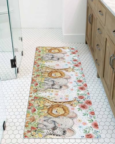 Cartoon Animal Rose Shower Mat Non Slip Bathtub Mat Cute Lion Elephant Giraffe Zebra Flower Mushroom Bath Mat Soft Loofah Shower Mats for Shower Tub Bathroom Quick Drying Foot Mat, 16x47 Inch