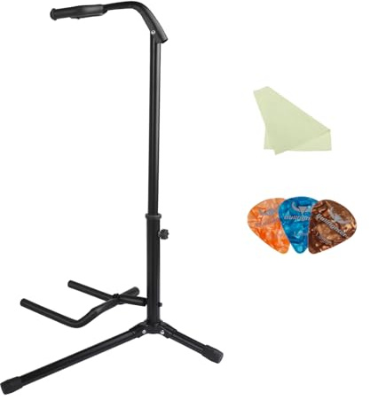 HBHMXHX Verstellbarer (60-75cm) Klappbarer Gitarrenständer mit Hals-Halterung für Akustikgitarre, E-Gitarre, Bassgitarren, Banjos und 26-Zoll-Ukulele, Eisenrahmen mit Weicher Gummipolsterung, Schwarz
