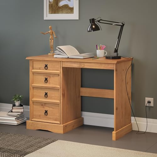 Corona Dressing Table Solid Wood Pine 4 Drawer Desk Small Computer Desk Bedroom Home Office Wooden Mexican Style Work Storage 78cm High 105cm Wide 49cm Deep