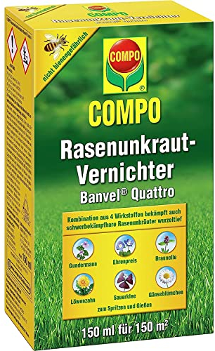 Compo Rasenunkraut-Vernichter Banvel Quattro, Bekämpfung von schwerbekämpfbaren Unkräutern im Rasen, Konzentrat, 150 ml (150 m²)