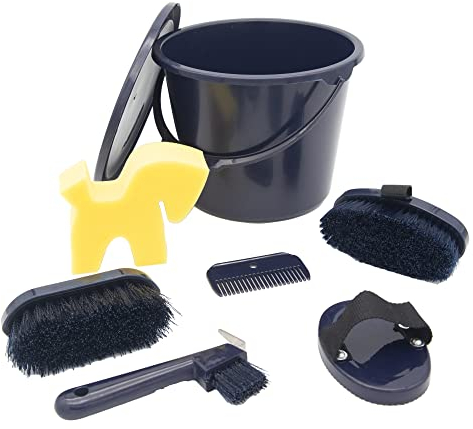 PFIFF 102361 Putzset, verschließbarer Putzeimer gefüllt, Putzbox Pferdepflege, Dunkelblau