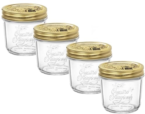 Bormioli Rocco Quattro Stagioni set of 4 Clear Airtight Mason Jars, 6.75 Oz. Made from BPA Free Durable Glass, Made In Italy.
