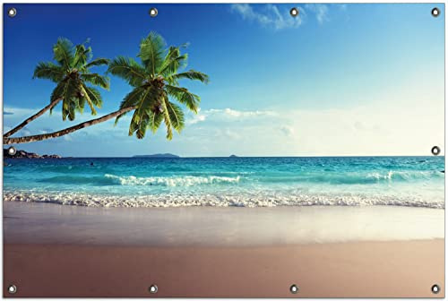 Wallario Outdoor-Poster für Garten oder Balkon Sandstrand auf den Seychellen - Urlaub unter Palmen, Motivbanner Größe: ca. 100 x 150 cm, Outdoor-Bild