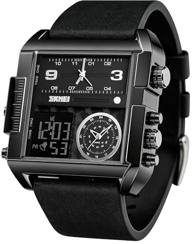 SKMEI Herren Digital Sportuhr LED Quadratisch Großes Zifferblatt Analog Quarz Armbanduhr mit Multi-Time Zone Wasserdicht Stoppuhr Schwarz