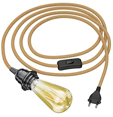 ledscom.de Hanfkabel LEKA mit Stecker, Schalter und E27 Fassung, inkl. LED Vintage gold max. 814lm extra-warmweiß 3-Stufen