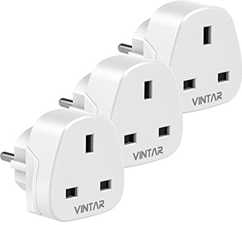 VINTAR UK to European Plug Adapter,Grounded 3 Pin to 2 Pin EU Euro Europe Schuko Travel Adaptor for France Germany Spain Turkey Greece Russia and More(Type E/F), 3 Packs White
