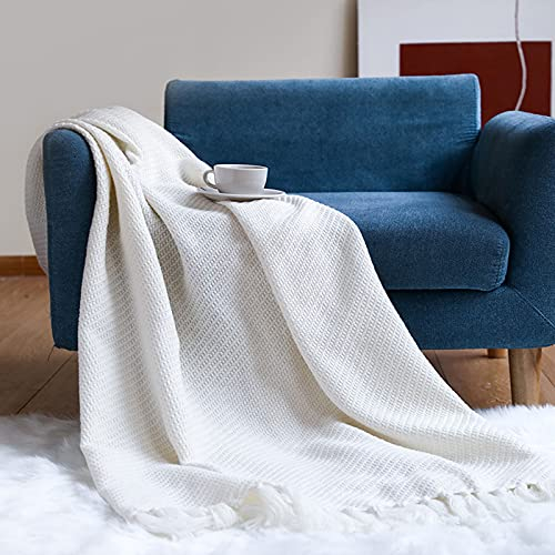 Zoomlie Gelb gestreifte Strickdecke mit dekorativen Fransen, Quasten, weiche Textur, Plüsch, reine Farbe, wendbare Decke für Betten, Sofas, Couch, Stühle, Einzelgröße (Beige, 2)