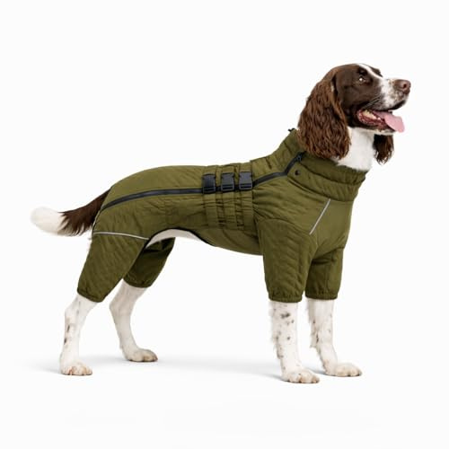 Warmer Hundemantel, doppellagige Hundeweste, Vier Beine bedeckt, Winddicht, wasserdicht, reflektierende warme Hundeweste, Outdoor-Schlittschuhkostüm für kleine, mittlere und große Hunde. Olive XL