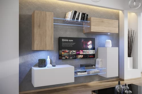 Furnitech Wohnwand Wohnzimmer | Hängend Wohnwand Modern | Wohnzimmer Schrankwand mit Regale und TV Schrank | Wohnzimmer Möbel ohne LED (AN57N-21WS-M11-1A)
