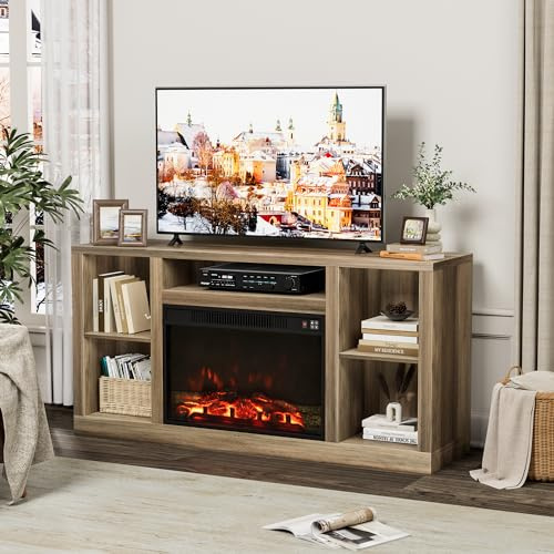 Furniwell Soporte de TV para chimenea, 65 pulgadas, consola central de entretenimiento multimedia con chimenea eléctrica, soporte de TV de granja con armario