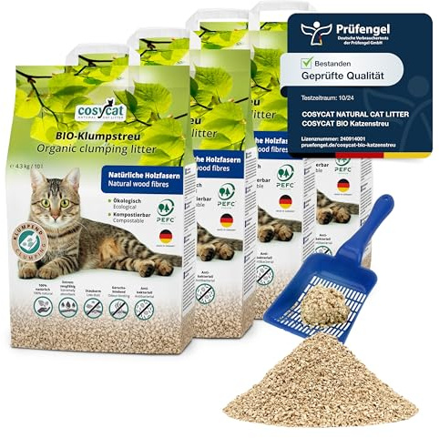 COSYCAT Klumpendes Katzenstreu Bio aus Holz, 100% Natürlich, [fein], [4x10l], in der Toilette entsorgbar, Klumpstreu pflanzlich, staubfrei ohne Duft