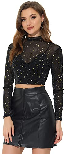 Allegra K Damen Mesh Crop Top Sternenmuster Rollkragen Party Bluse | Durchsichtiges Mesh Stehkragen mit Sternmuster Kurze Cropped Lange Ideal für Nachtclub und Festival