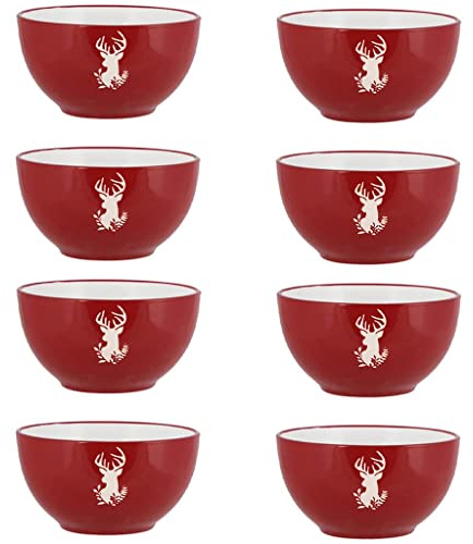 Dibor Dessert Bowl Set of 8 - Red & White 400ml Reindeer Print Bowls | Dishwasher Safe, Microwave Safe, Dinnerware Set, Hand Painted, Stoneware, Crockery