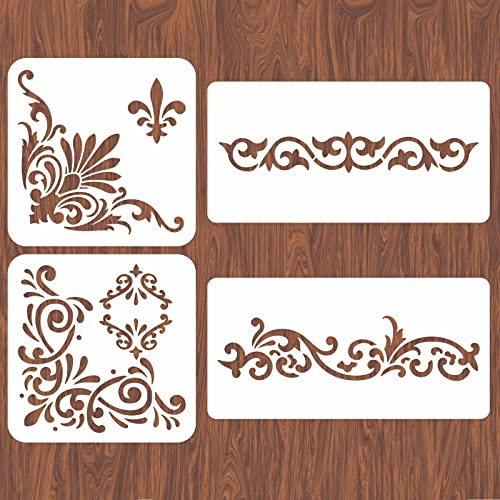 INFUNLY 4 plantillas de esquina para pintar flores con borde cuadrado de pared, plantilla de azulejos de patrón grande, plantilla reutilizable para manualidades, tela, suelo