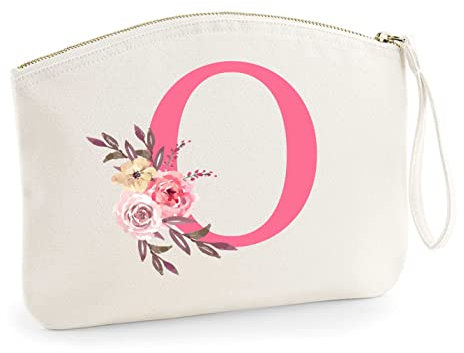 Schminktasche mit rosa Blumen und Monogramm | Personalisierte Kosmetiktasche Reiseetui Ordnungshüter Mädchen Damen L (28x22 cm) (beige)