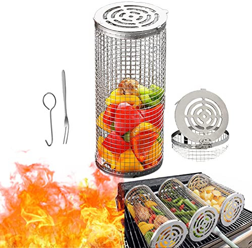 Grillkorb Zylindrisch, Rolling Grillkorb Edelstahl Grill Korb mit Griff, Grillkorb Grill Rack für Außengrill Gemüse, BBQ Grillhalter Grill Zubehör für Pommes Fisch Garnelen Camping Essentials (S)