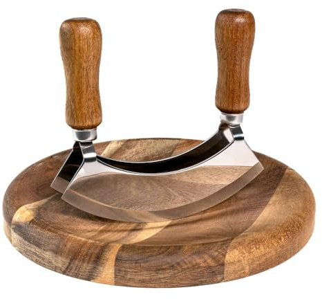 INTIRILIFE Wiegemesser mit Schneidebrett - Kräutermesser 13.5 x 2.4 x 13 cm mit Kräuterbrett 20 x 2.1 cm - Mezzaluna Biegemesser mit 2 Klingen für Kräuter und Gewürze
