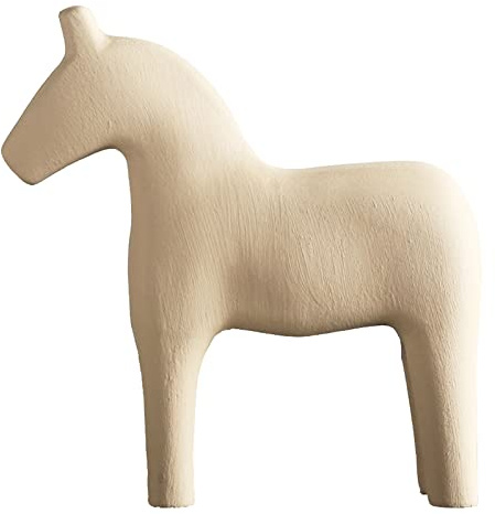 Trähäststatyett furu handmålad ren färg häststaty djur hantverk prydnad för hem skrivbordsdekoration (16,5 x 18 cm – beige)