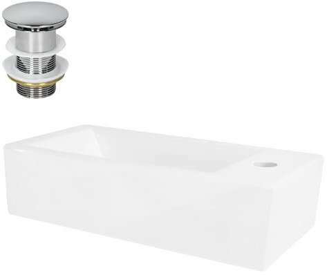 ML-Design Lavabo en Céramique Blanc, 51x25x13 cm, avec Bonde de Vidage Chromé en Laiton, Trou pour Robinet à Gauche, Rectangulaire, Montage Mural/Sur Plan, Vasque à Poser, Lave Mains Évier Supendu