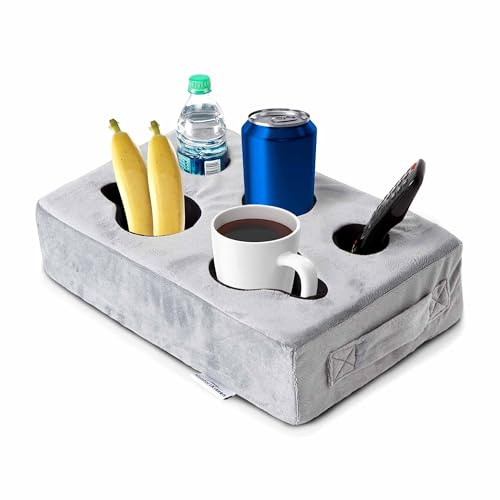 MKS Couch Cup Holder, Sofa Cup Holder, Removable and Washable Velvet Cup Cozy Pillow Lap Tray with Coffee Cup Holder for Home, Car, Bathroom, Park, Travel, Indoor, Outdoor - Gray