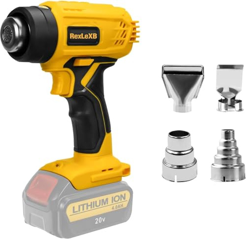 Pistola de calor inalámbrica para batería de iones de litio Dew@lt de 20 V, 400 W 532.2 °C (532 ℃), protección contra sobrecarga con 4 accesorios de boquilla para envolver encogimiento, manualidades y