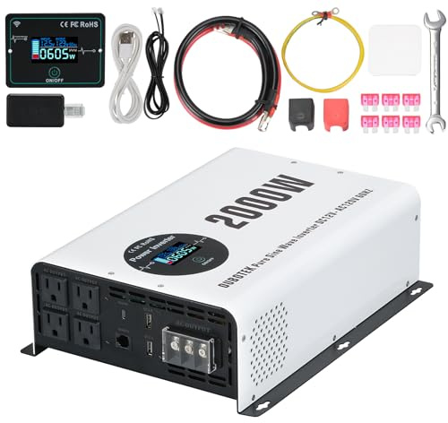OUBOTEK 2000W Pure Sine Wave Power Inverter DC 12V to AC 120V Converter with LCD Display, Wireless Remote Control, 4 AC Outlets, 1 Hardwire Terminal, Dual USB Ports for RV Truck Boat Solar System