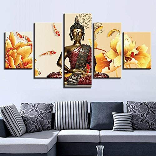 5 Stück Hd Bedruckte Leinwand Wandkunst Leinwanddrucke Für Wohnzimmer Moderne Dekoration Drucke Auf Leinwand Buddha-Statue Religion Mit Rahmen 100 X 50 Cm Home Decor Leinwanddrucke Kunstwerke