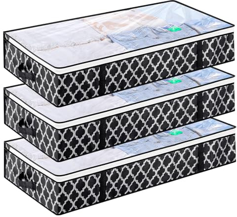 3 Pack 90L Large Under Bed Storage Bags, Underbed Storage Bag with Lid Clothes Storage Bedroom Storage Under Bed Storage Organiser with PVC Window for Quilt, Blanket, Clothing, Shoes