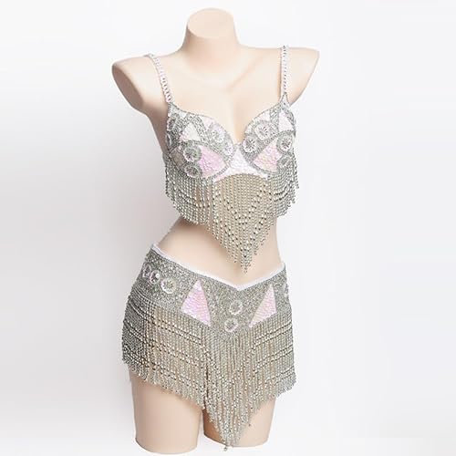 JRUIA Bauchtänzerin Kostüm Für Damen Sexy Tribal Bauchtanz BH Und Gürtel Strass Professionelles Tanzset BH Oberteil Paillettengürtel Karnevalsoutfit,Weiß,M