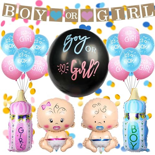 Gender Reveal Party Decorations Set - 16 Pcs Baby Boy Girl Bottle Foil Balloons Boy Or Girl Banner Blue and Pink Latex Balloons for Baby Shower Gender Reveal Birthday Party Decorations