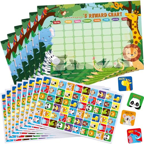 Tenare Reward Chart with Stickers for Kids, 6 Behaviour Charts and 360 Reusable Stickers, Safari Animal Potty Training Chart for Children, School Routine, Chores, Homework, Classroom, Home