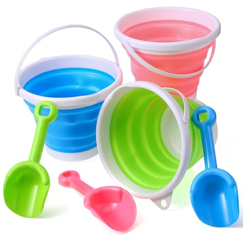 Jostift 6 Stück Strandeimer Spielzeug,Sandspielzeug Set für Kinder 3L Sand Strand Eimer Silikon Strand Faltbare Eimer Spielzeug mit 3 Stück Schaufeln für Kinder Strand Spielzeug