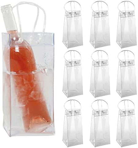 Wine Bottle Coolers, Wine Cooler Bag 10Pcs Transparent PVC Portable Bottle Cooler Bag 9.8x3.9 Inch Champagne Ice Bag with Handle for Beer Party Outdoor
