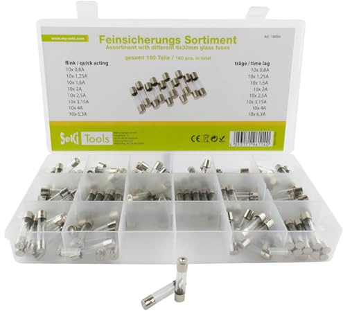 SeKi 160 fusibles fins 6 x 30 assortis, 160 pièces, 16 types, 8 fusibles rapides + 8 fusibles temporisés 0,8 A, 1,25 A, 1,6 A, 2 A, 2,5 A, 3,15 A, 4 A et 6,3 A ; fusible tubulaire en verre