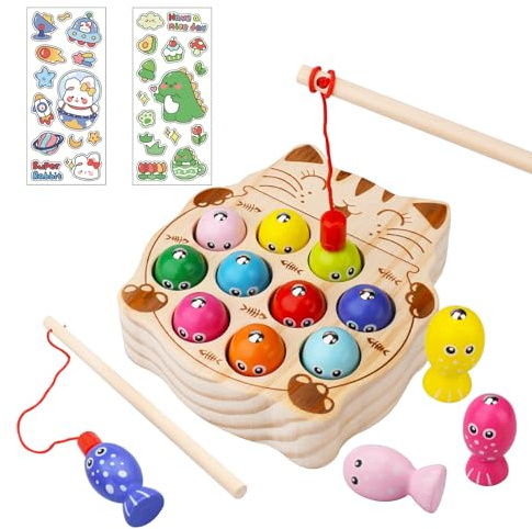 UCAMP Montessori Spielzeug,Magnetisches Angelspiel Holzspielzeug,Magnetische Angelspiel für Kinder ab 2 Jahre Fische,Outdoor Double Spiel Kinderspielzeug,Jungen Mädchen Jahre Geschenk für Kinder