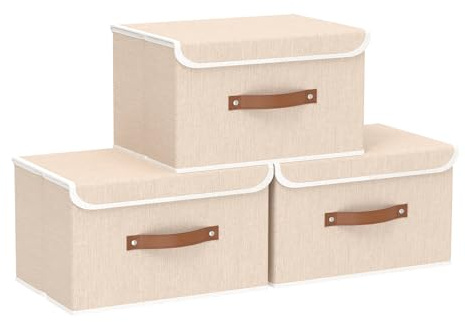 Yawinhe 3 Stück Aufbewahrungsboxen mit Deckel,33x23x20cm,Beige | Waschbare Faltbare Stoffboxen;Kisten Aufbewahrung mit Praktischen Griffen;Faltboxen Aus Vliesstoff für Schlafzimmer