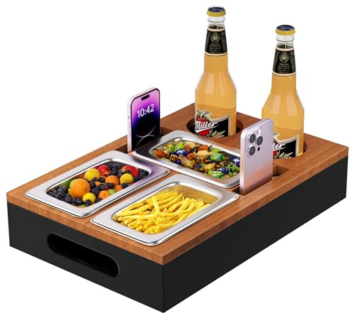 Couchbar Snackbox,Mit Abnehmbare Snackschalen Aus Edelstahl,Mit Abnehmbarer Deckel, Geeignet für Wohnzimmer, Schlafzimmer, Picknick, Party (Holzfarbe&Schwarz)